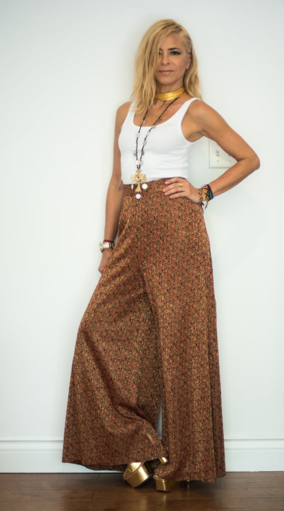 With Printed Palazzo Pants, a Long Necklace, and Gold Sandals | How to ...