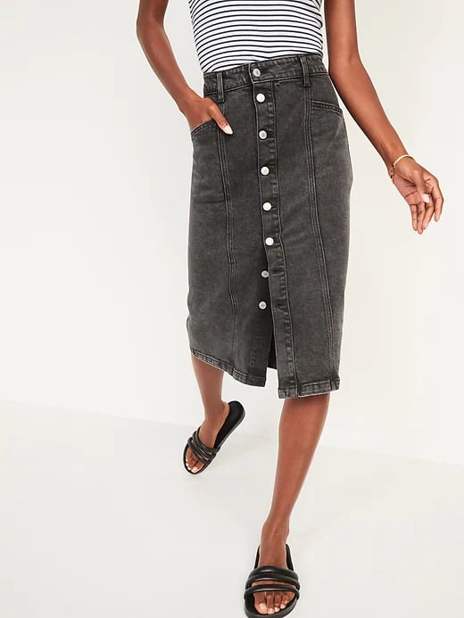 Old Navy High-Waisted Button-Front Black Jean Midi Skirt