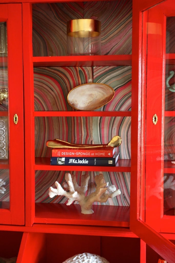 DIY Wallpaper Lined Bookcase Chic Renter Hacks You Must Know POPSUGAR Home Photo 14