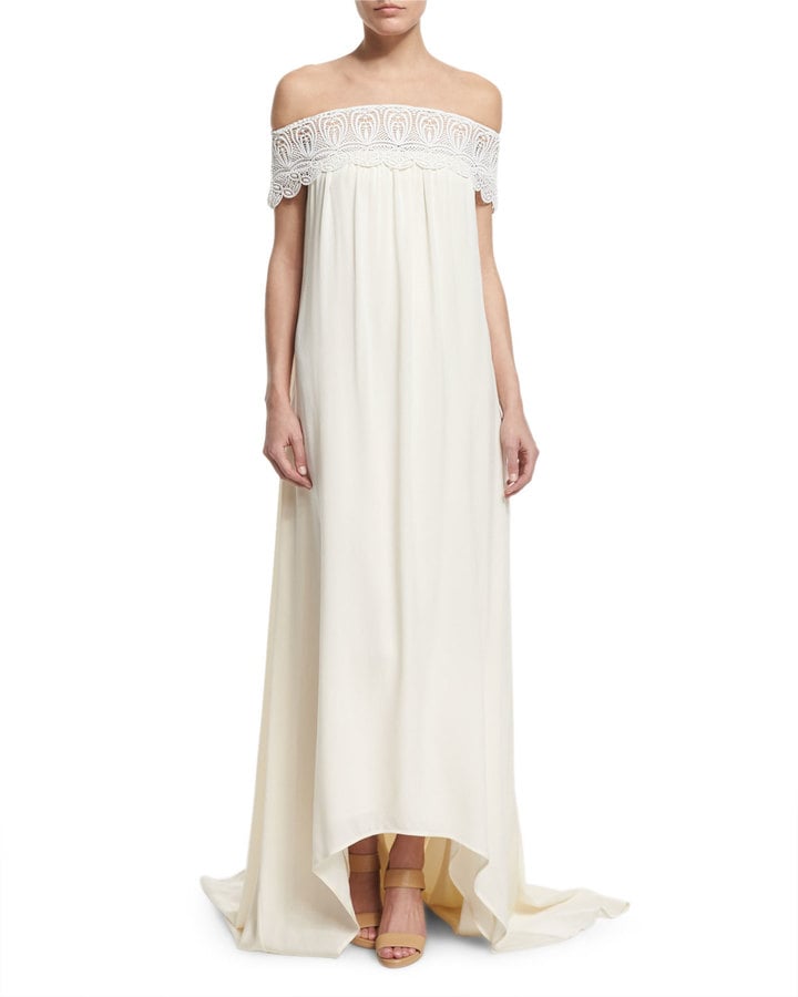 Self-Portrait Off-the-Shoulder Chiffon Lace-Trim Gown, Off White ($1,020)