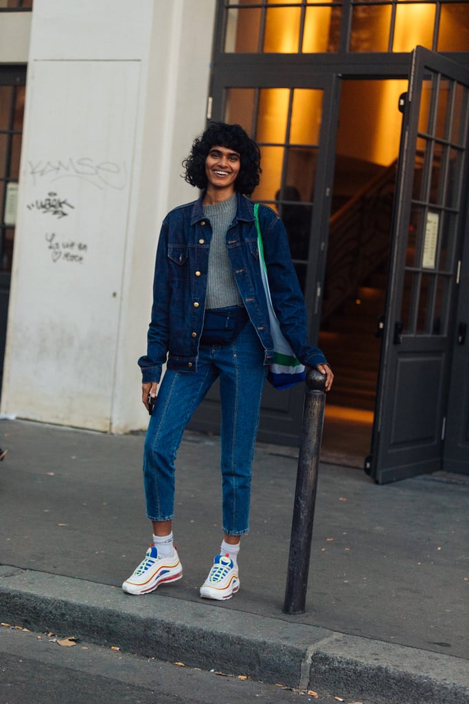 Go dad-chic by pairing chunky sneakers and ankle socks with cropped jeans and a denim jacket.