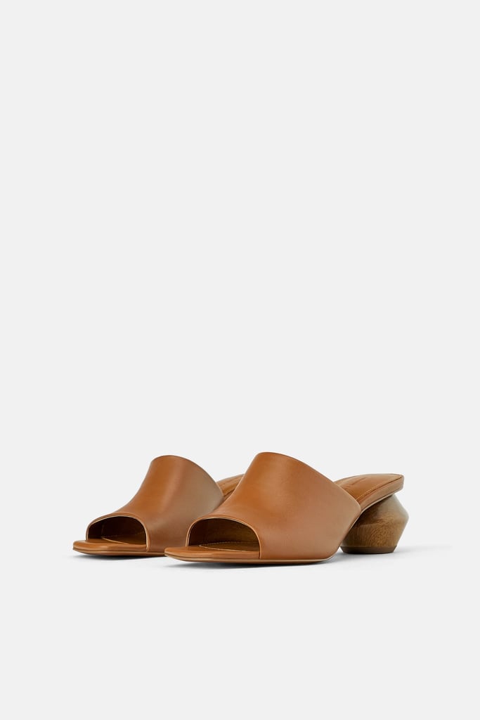 Leather Mules With Geometric Wood Effect Heels