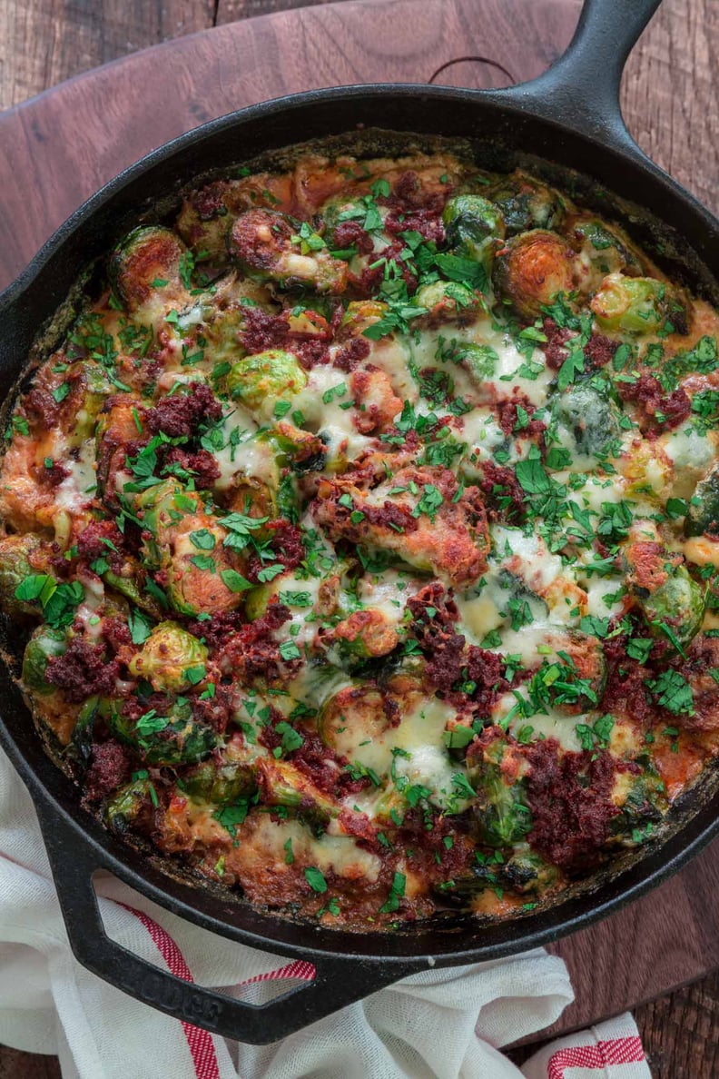 Cheesy Brussels Sprouts With Chorizo