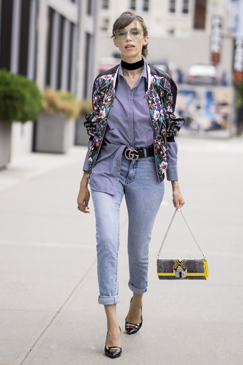 Turn a Work Staple Trendy With a Choker, Bomber, Loafers, and Colorful Shades