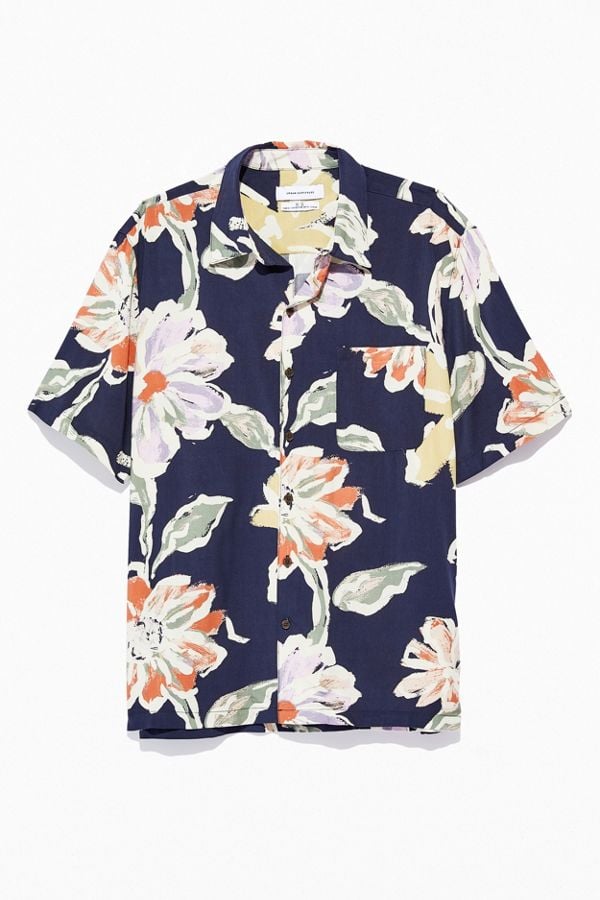 UO Painted Floral Rayon Short Sleeve Button-Down Shirt