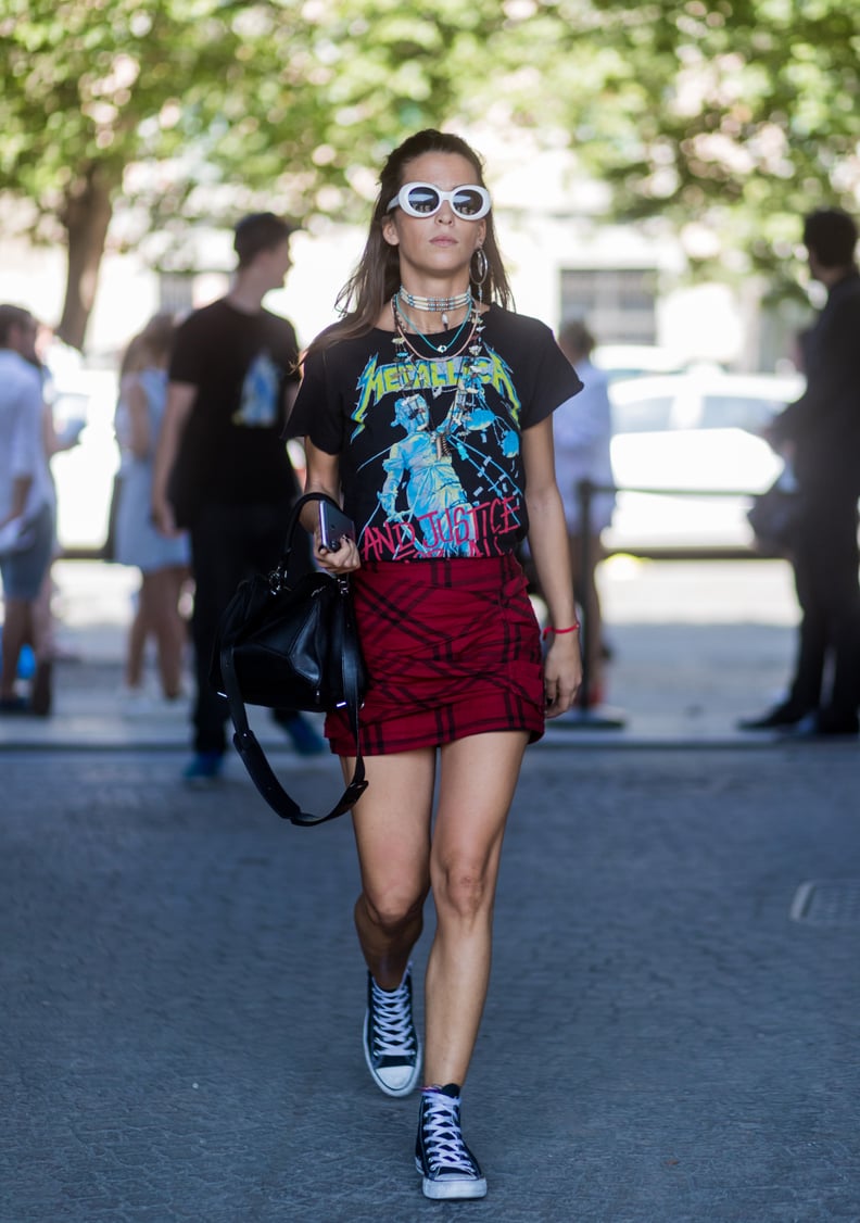 Style a Vintage Band Tee With a Plaid Skirt and Converse High-Tops
