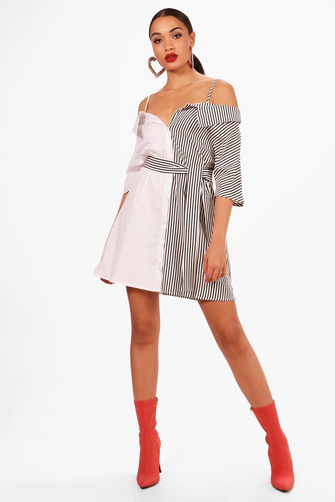 Boohoo Off the Shoulder Contrast Panel Shirt Dress