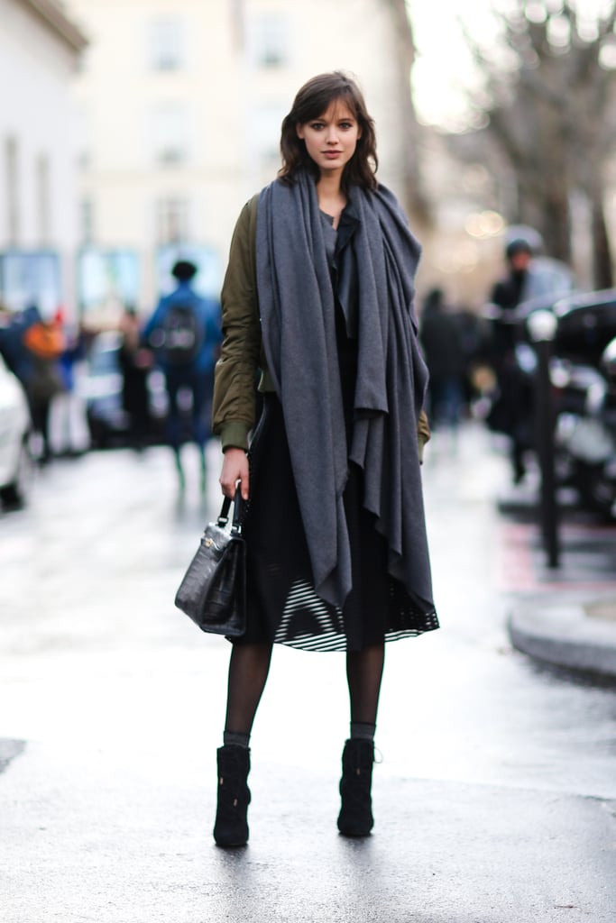 With a Midi Dress, a Bomber Jacket, and a Big Scarf | Stylish Ways to ...