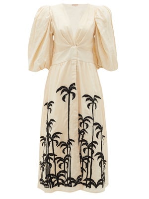 Johanna Ortiz Quizás Palm Tree-Embroidered Linen Midi Dress