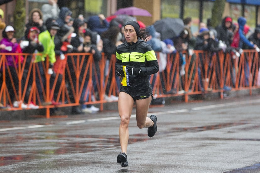 BROOKLINE, MA - APRIL 16:  Desiree Linden approaches the 24 mile marker of the 2018 Boston Marathon on April 16, 2018 in Brookline, Massachusetts. Linden became the first American winner since 1985 with an unofficial time of 2:39:54. (Photo by Scott Eisen