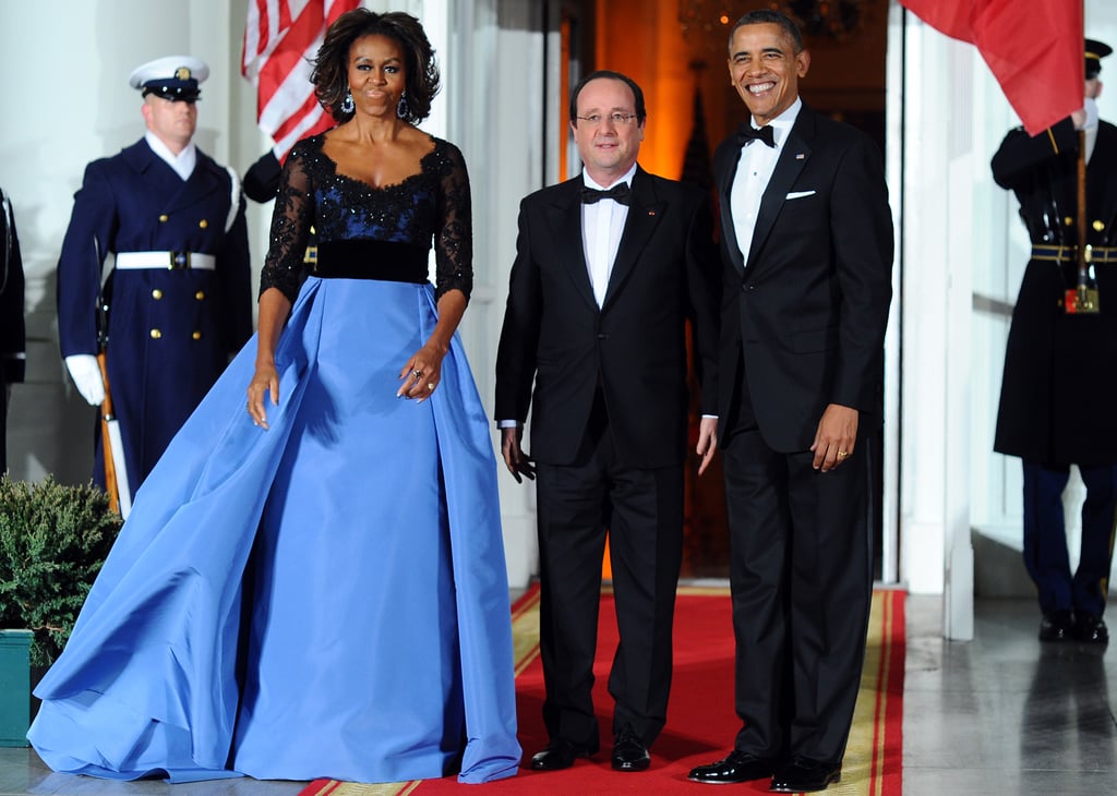 Michelle Obama wowed in a Carolina Herrera gown upon welcoming the French president for the dinner.