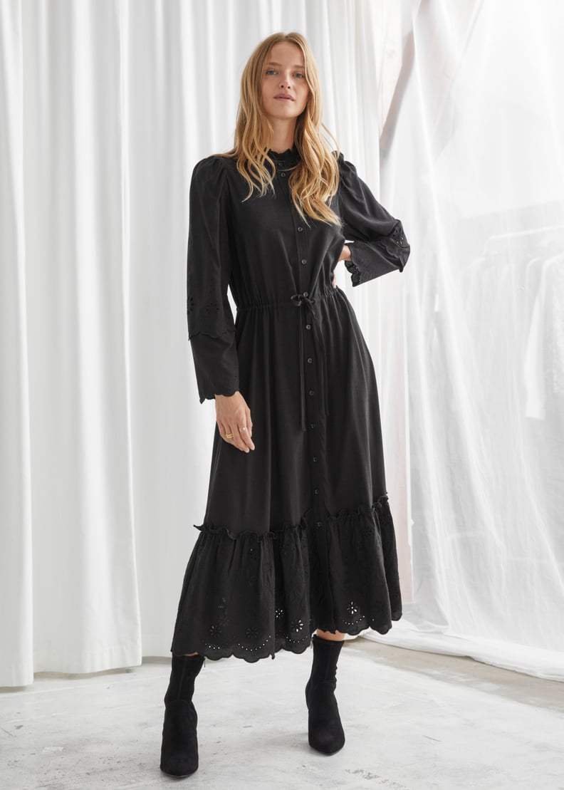 & Other Stories Embroidered Button-Up Scallop Midi Dress