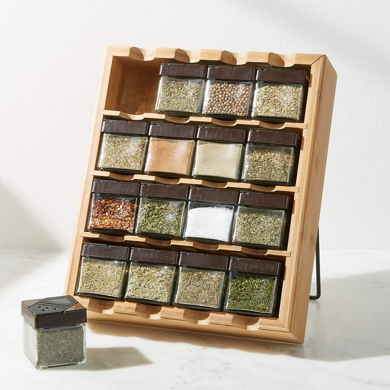 A Full Set: Crate & Barrel 16-Cube Bamboo Spice Rack and Jars
