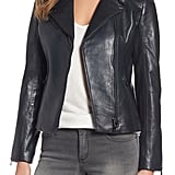 halogen collarless leather jacket