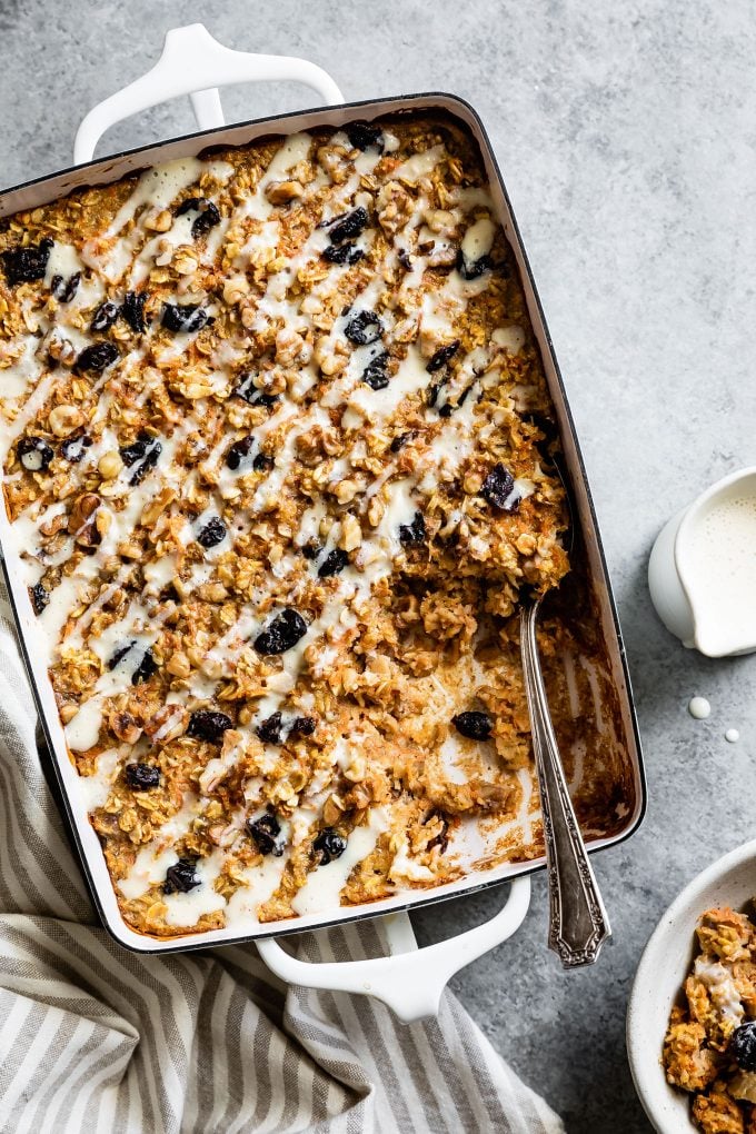 Carrot Cake Baked Oatmeal With Maple Cream Cheese Glaze