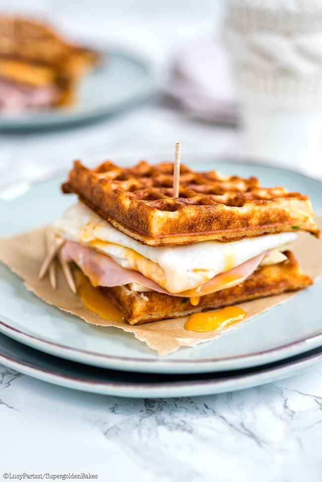 Parmesan Waffle, Ham, Cheese, and Egg Breakfast Sandwich