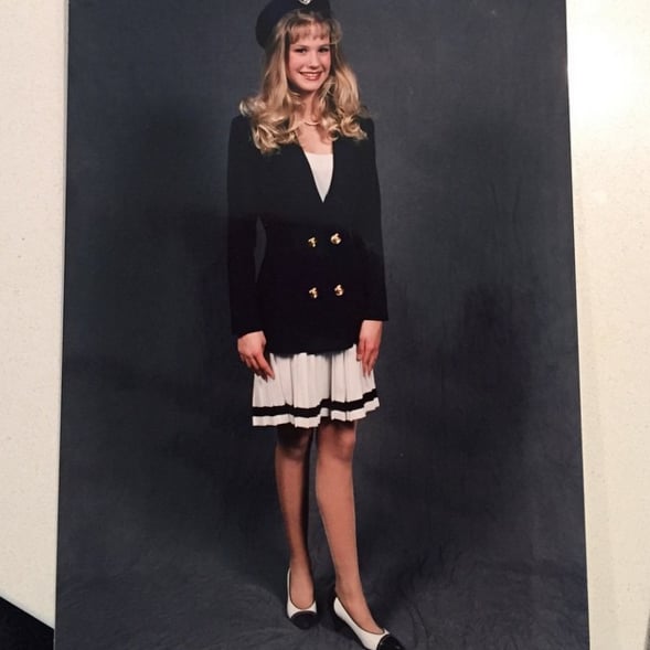 "This is what I wore to deliver a speech I wrote about America. Because Americans apparently all dress like flight attendants. #missteensouthdakotapageant #theshameofthatexperienceonlymadememoreinteresting"