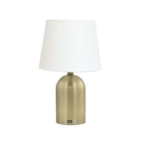 USB Table Lamp in Gold With Linen Drum Shade