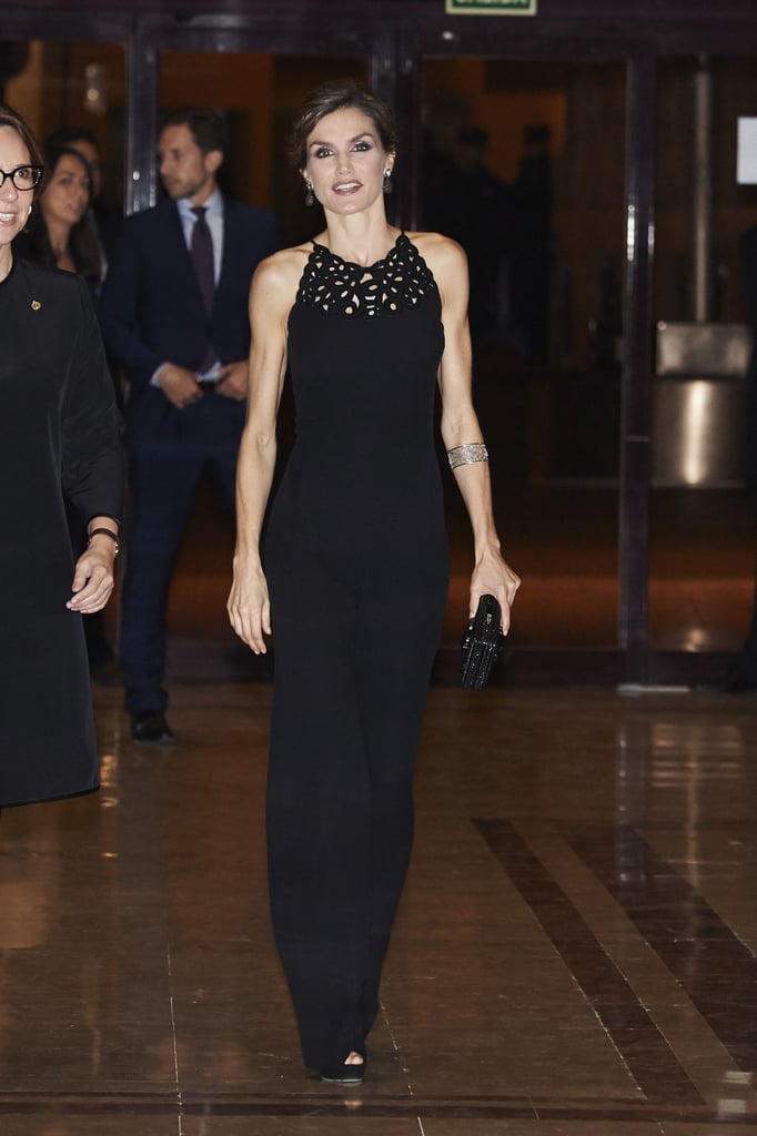 Queen Letizia of Spain wearing a Felipe Varela jumpsuit.