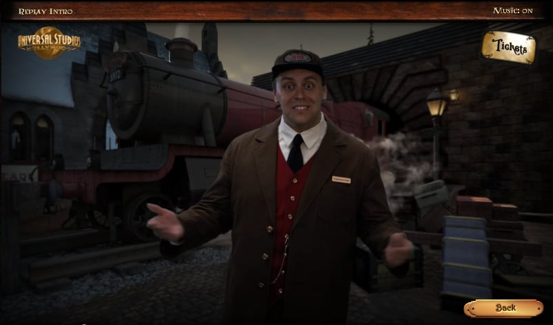 First, you're greeted by a Hogwarts Express driver who tells you everything you need to know about navigating the park.