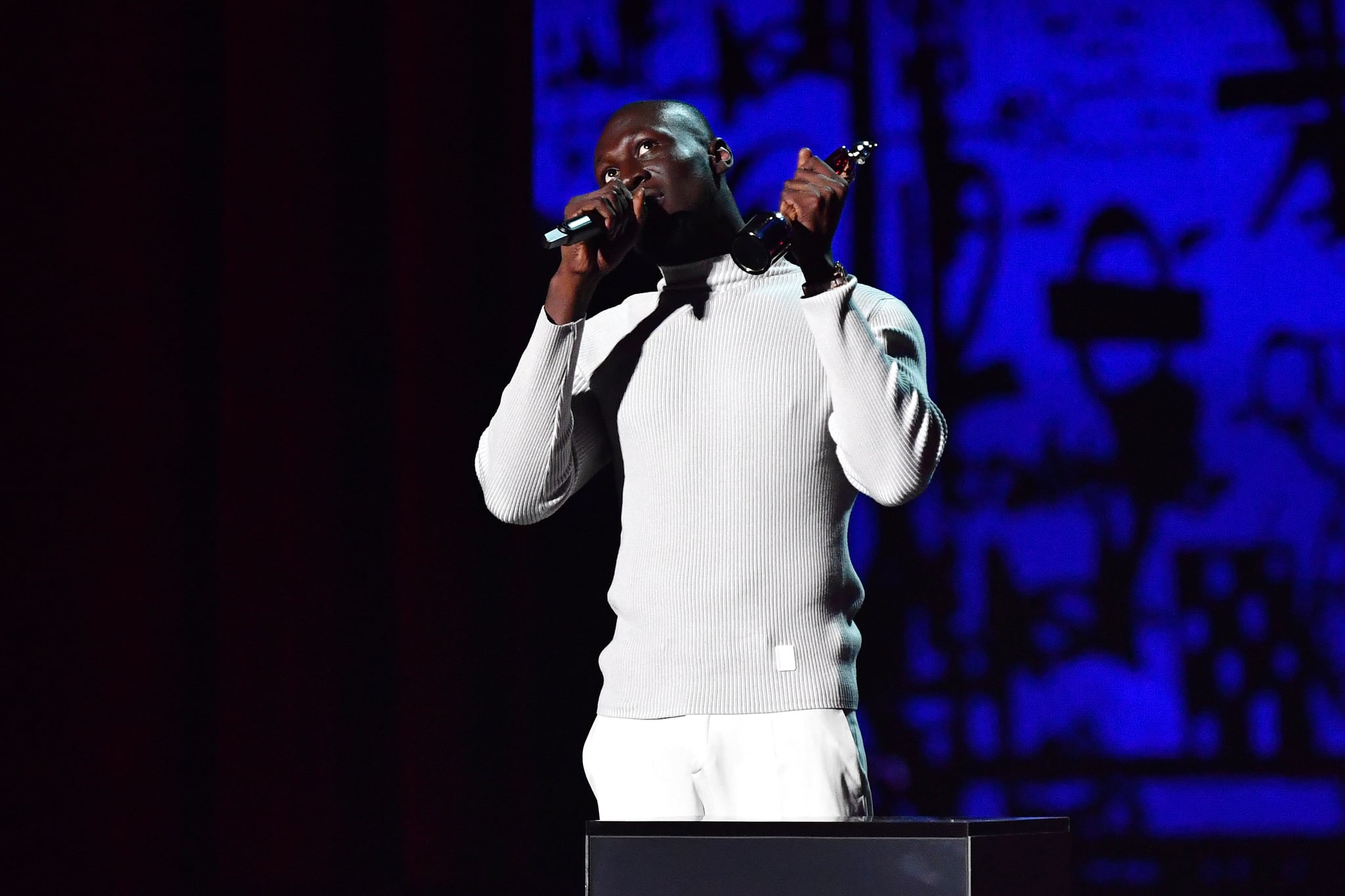 LONDON, ENGLAND - FEBRUARY 18: (EDITORIAL USE ONLY) Stormzy accepts the Best Male Solo Artist award during The BRIT Awards 2020 at The O2 Arena on February 18, 2020 in London, England. (Photo by Gareth Cattermole/Getty Images)