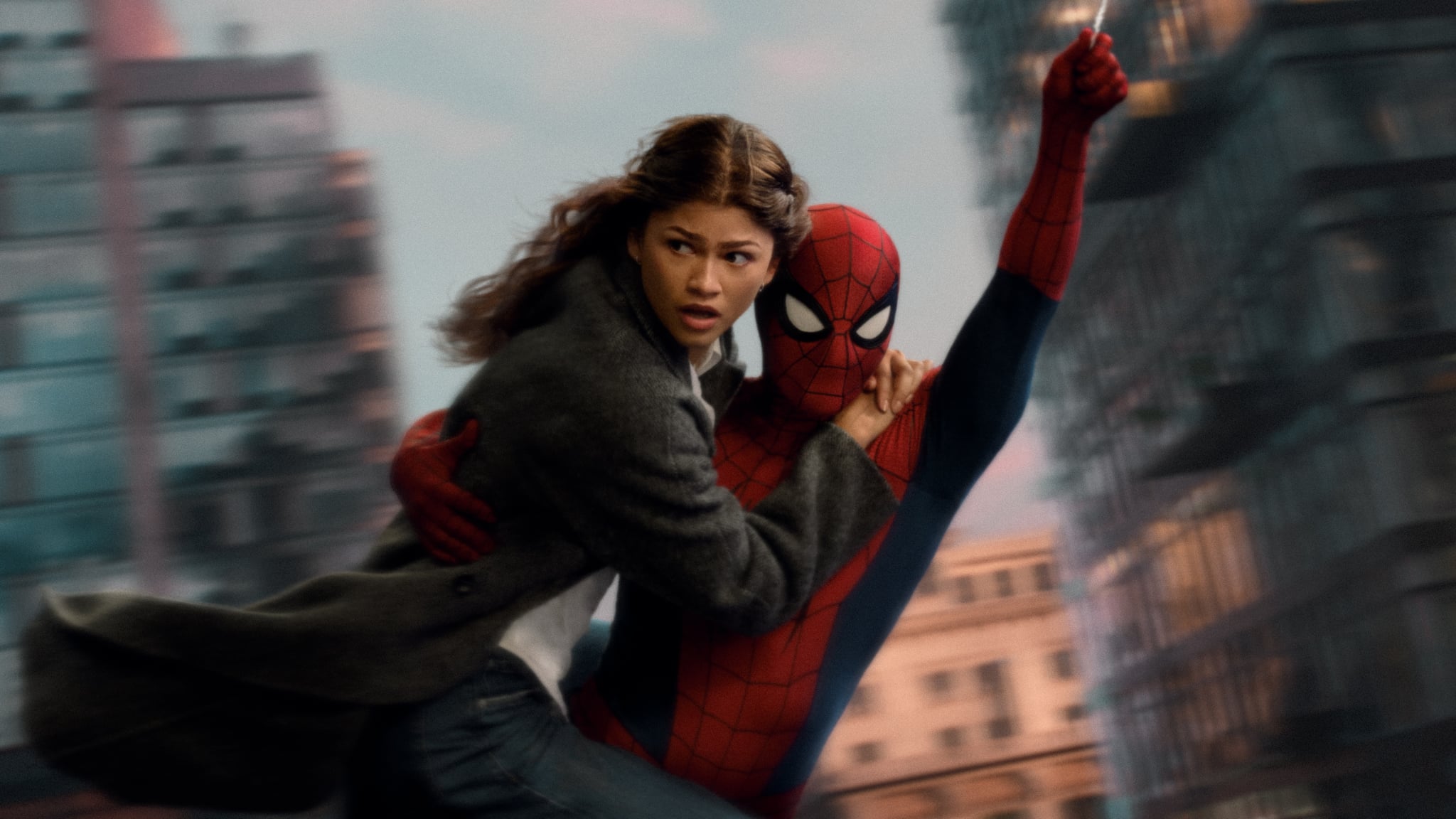 MJ (Zendaya) swings through the city with Spider-Man in Columbia Pictures SPIDER-MAN™: BRAND NEW DAY.  Photo by: Jay Maidment