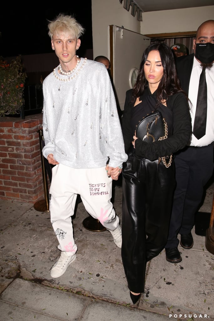 For MGK's birthday celebration (yes, the one they spent with Kourtney Kardashian and Travis Barker), Megan let the rapper's silver sequin sweater do the talking.