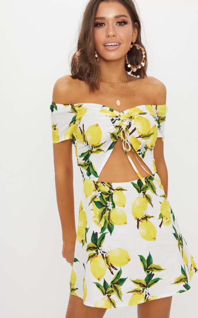 Lemon Ruched Cut Out Bardot Shift Dress