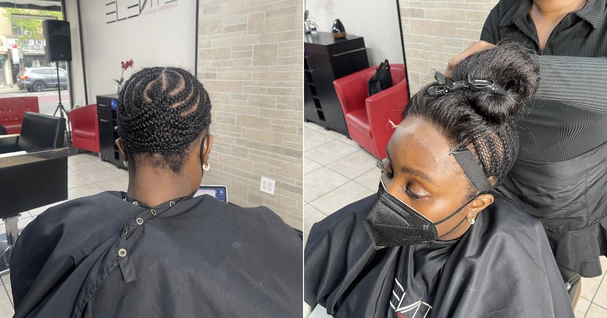 My cornrowed base before and during the sew-in setup.
