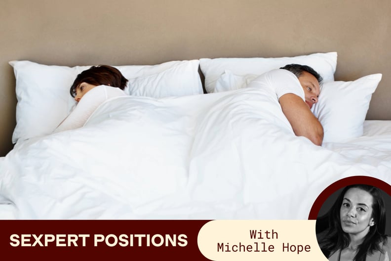 A photo of a couple in bed on opposite sides has a label that reads Sexpert Positions with Michelle Hope, alongside a photo of Michelle.