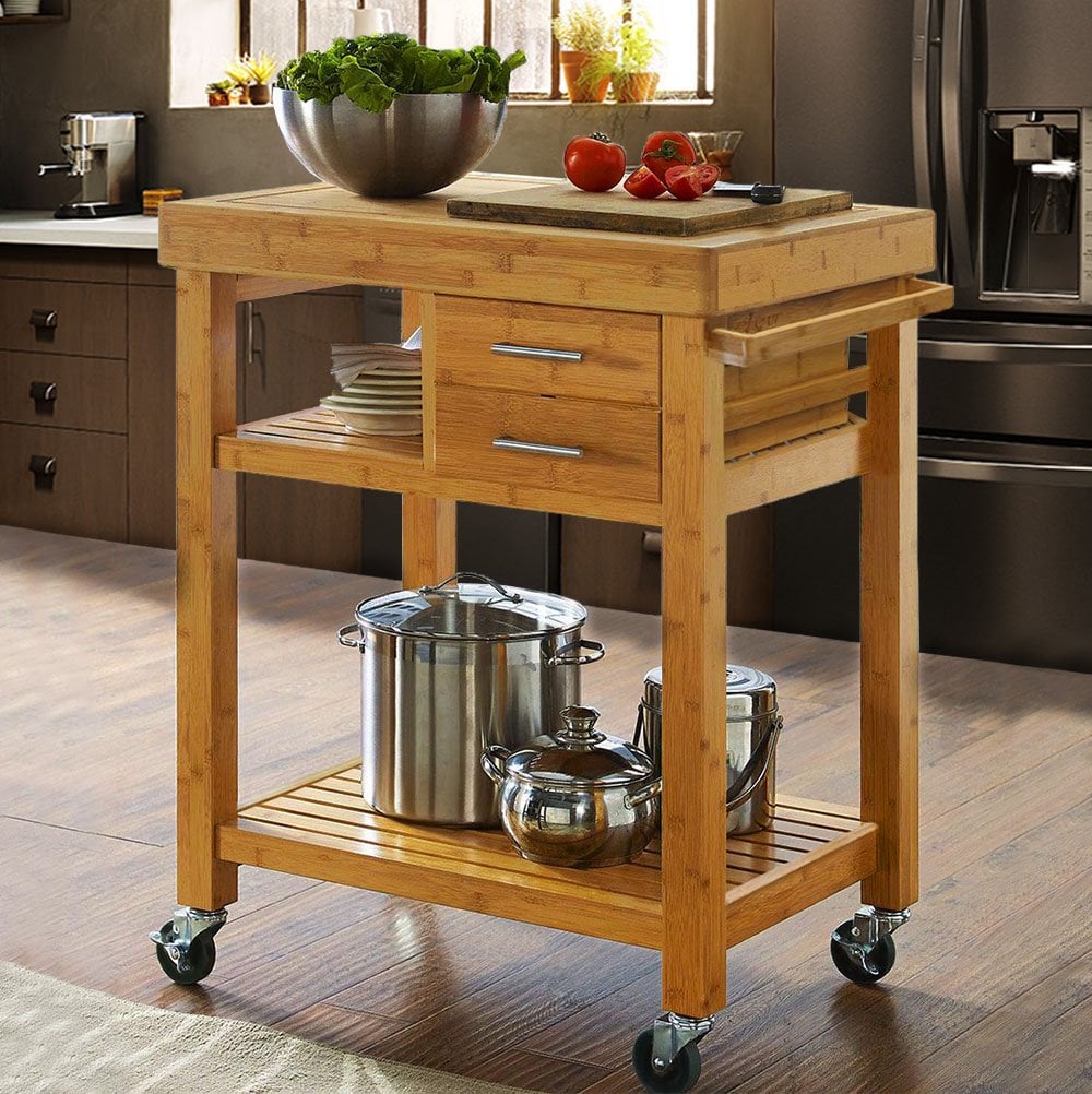 Clevr Rolling Bamboo Wood Kitchen Island Cart Trolley