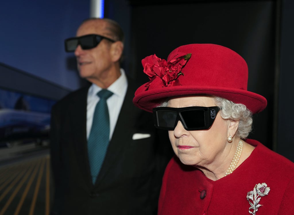 Queen Elizabeth II wears 3D glasses at the University of Sheffield Advanced Manufacturing Research Centre in 2010