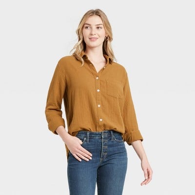 Universal Thread Women's Long Sleeve Gauze Button-Down Shirt