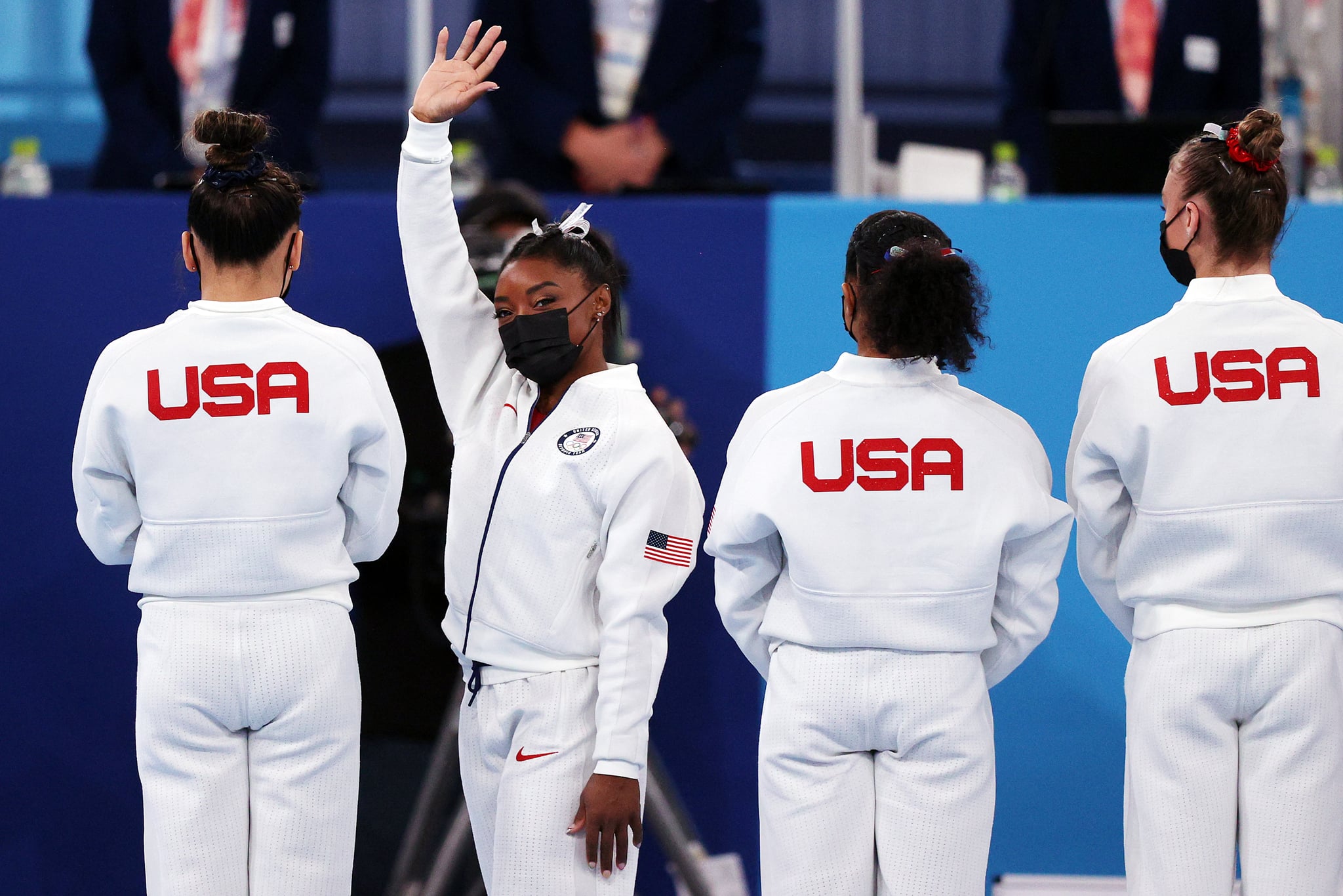 TOKYO, JAPAN - JULY 27: Simone Biles of Team USA waves to the crowd during introductions prior to the Women's Team Final on day four of the Tokyo 2020 Olympic Games at Ariake Gymnastics Centre on July 27, 2021 in Tokyo, Japan. (Photo by Ezra Shaw/Getty Images)