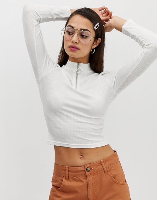 ASOS Design High-Neck Half-Zip Top in Rib With Long Sleeve