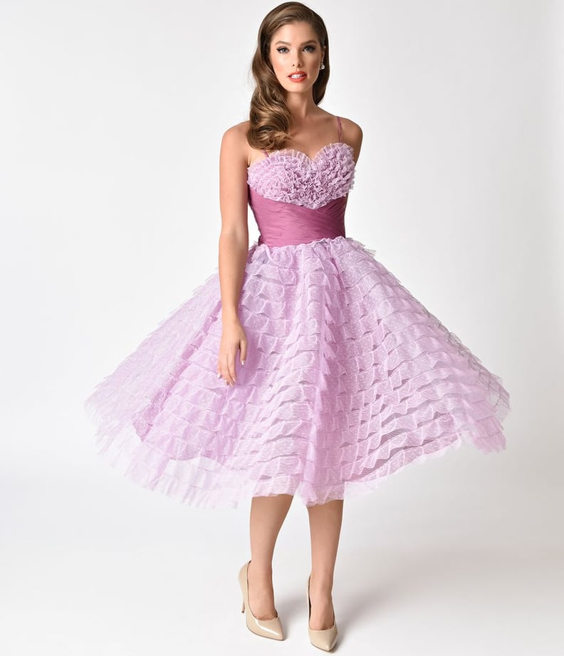 Unique Vintage 1950s Lavender Ruffled Tulle Sweetheart Cupcake Swing Dress