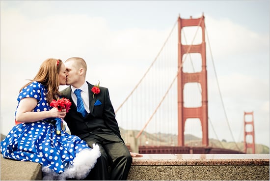 The Dress
Forget the pressure to wear a floor-length, white ballgown down the aisle, when you elope you can wear whatever you want — like a fun blue-and-white, polka-dot frock! I especially love all the short dresses and fun colors.
Photo by Mike Murrow Photography via Wedding Chicks