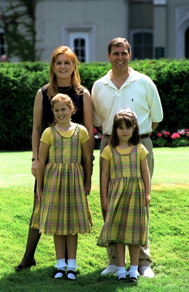 How adorable are Beatrice and Eugenie in these matching looks? This sweet family photo was taken at a charity golf event in 1998.