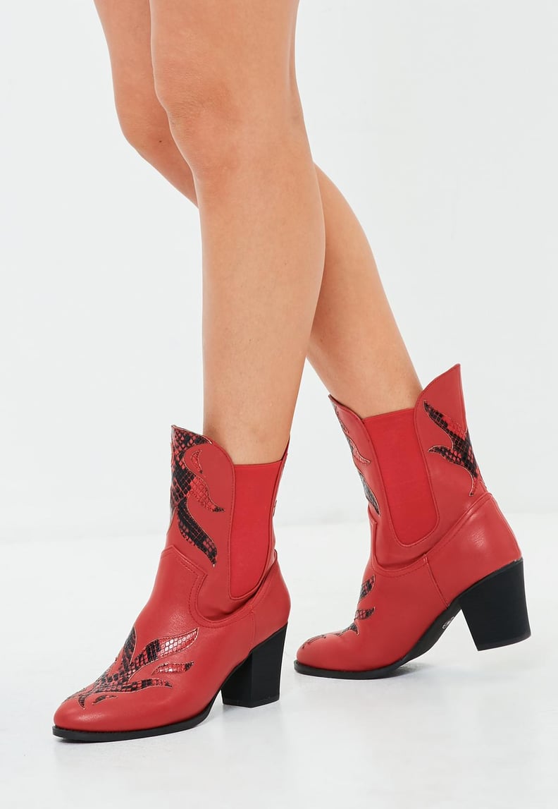 Missguided Red Snake Pattern Detail Cowboy Boots