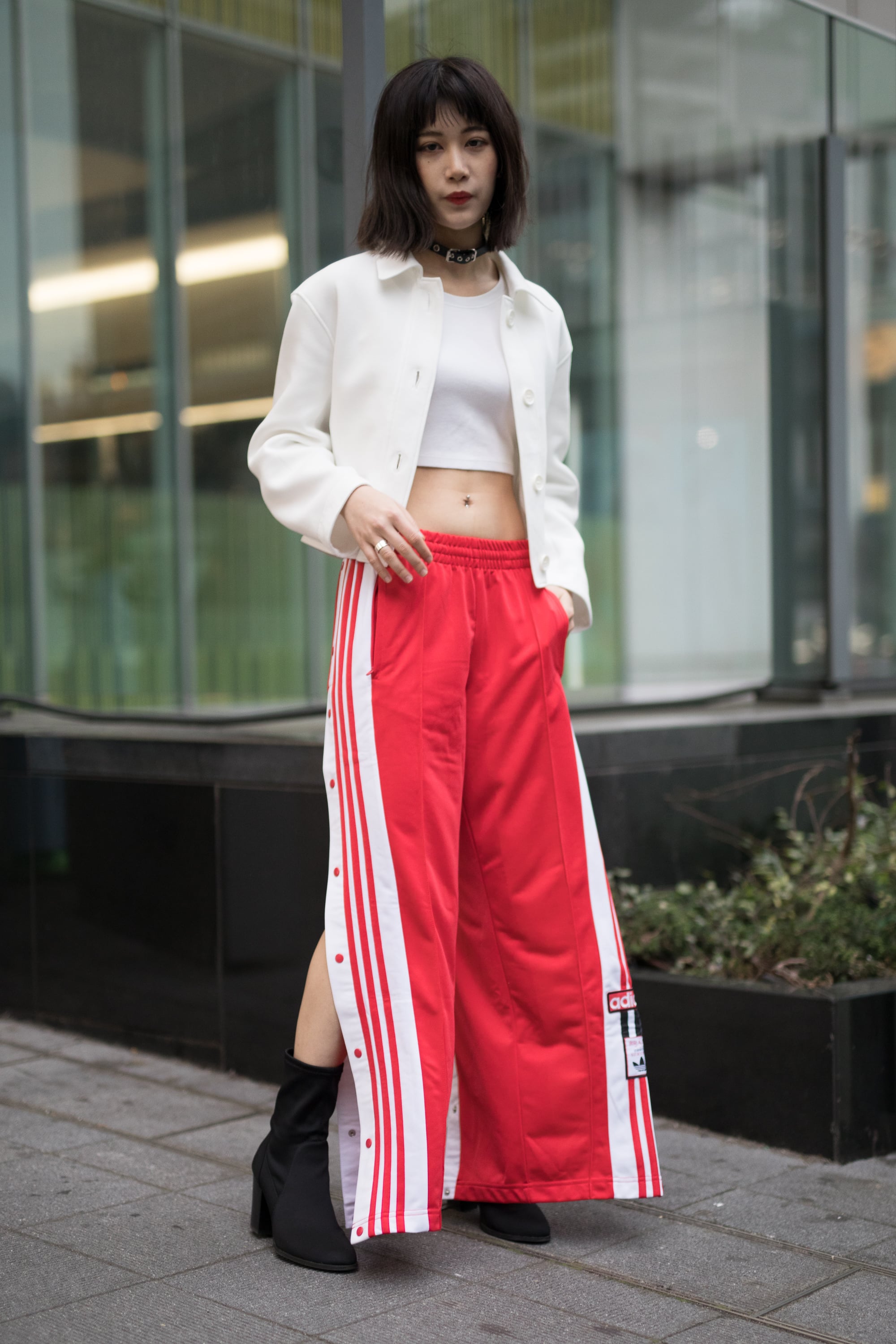 jean jacket with adidas pants