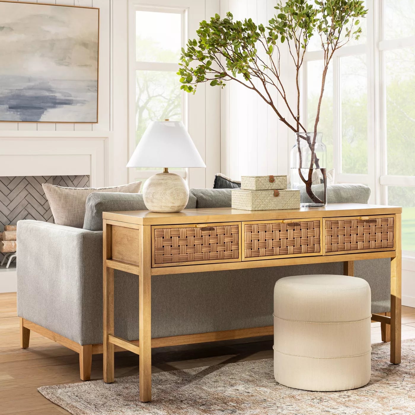Woven drawer deals console