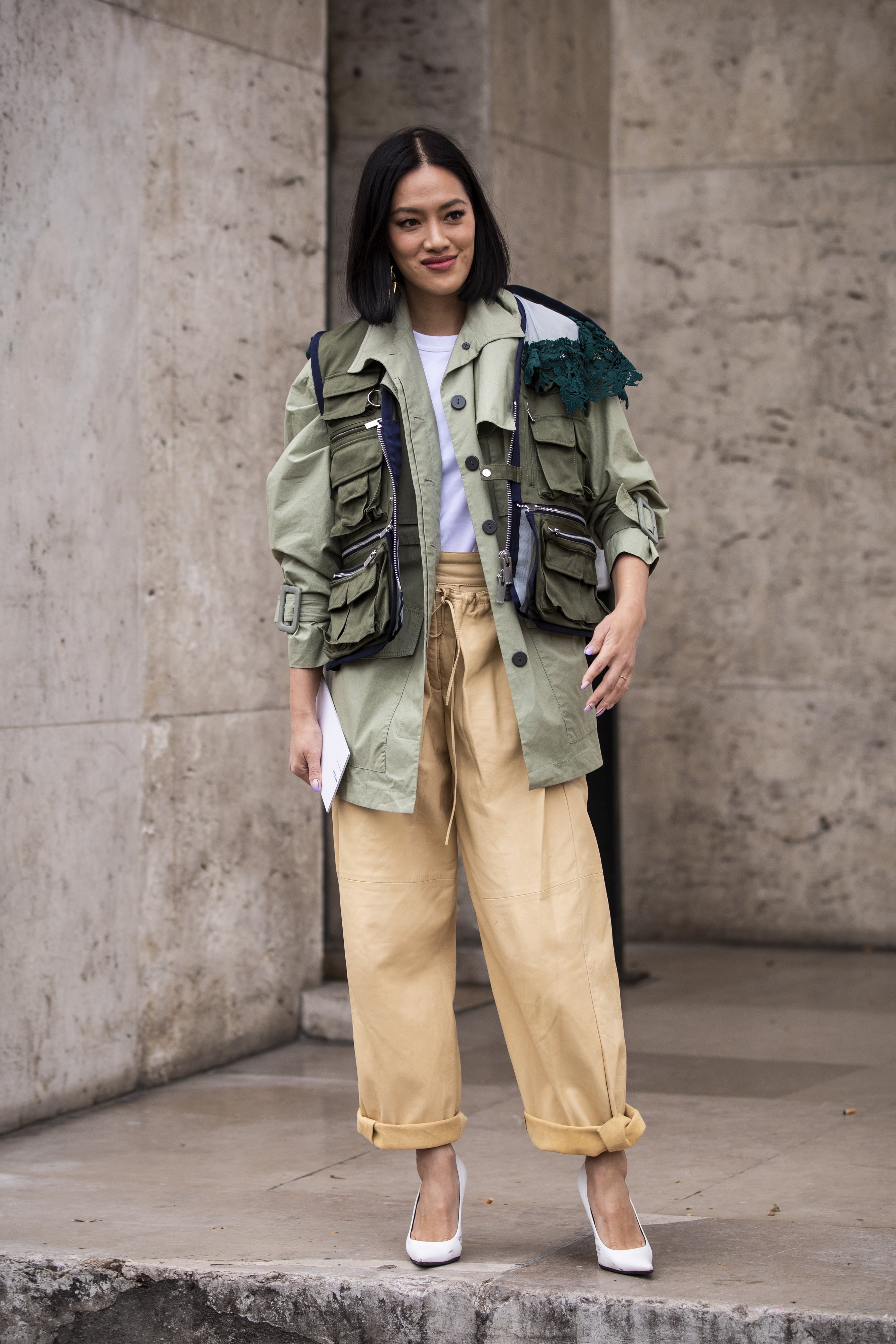 For a casually luxe look, tuck a leather shirt into cargo pants