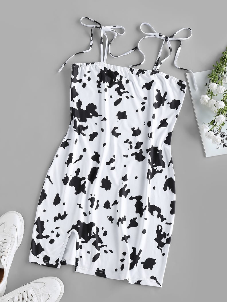 ZAFUL Cow Print Slit Tie Shoulder Mini Dress   WHITE