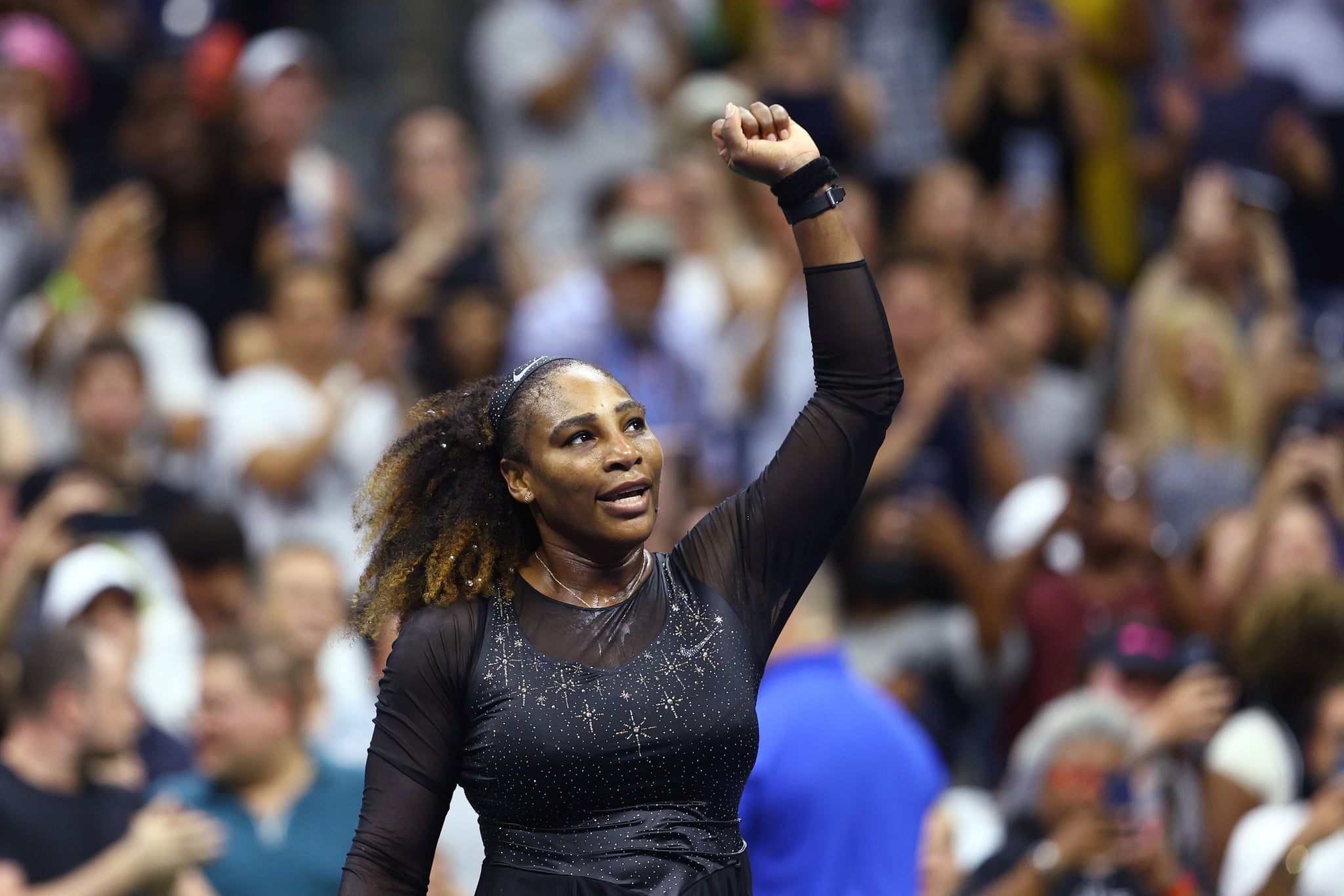 NEW YORK, NEW YORK - AUGUST 29: Serena Williams of the United States celebrates after defeating Danka Kovinic of Montenegro during the Women's Singles First Round on Day One of the 2022 US Open at USTA Billie Jean King National Tennis Center on August 29, 2022 in the Flushing neighborhood of the Queens borough of New York City. (Photo by Elsa/Getty Images)