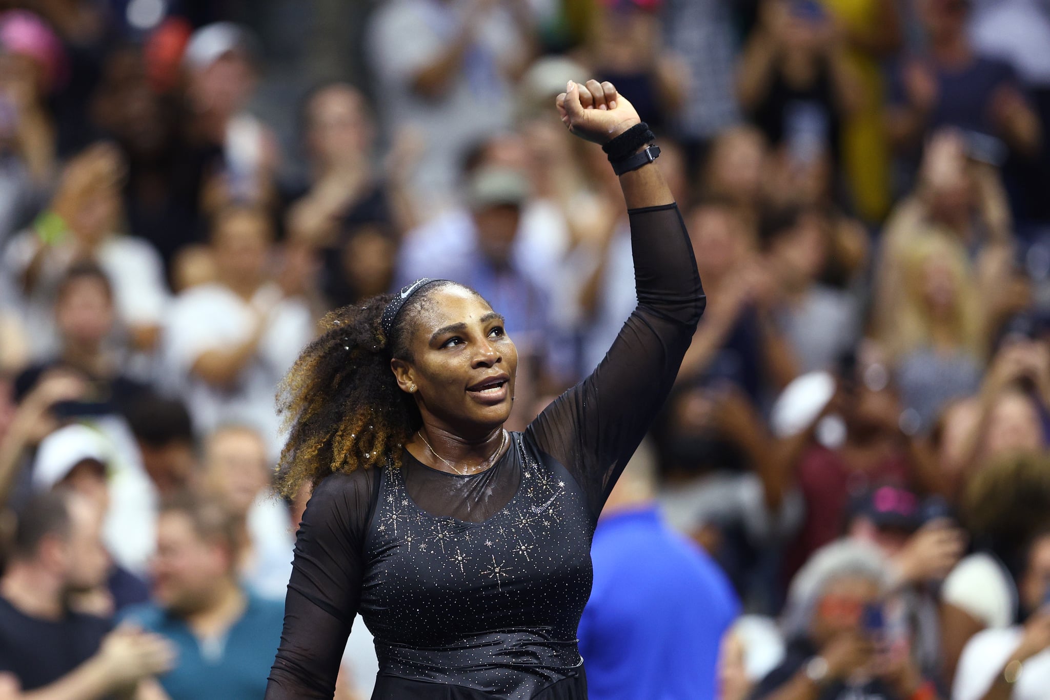 NEW YORK, NEW YORK - AUGUST 29: Serena Williams of the United States celebrates after defeating Danka Kovinic of Montenegro during the Women's Singles First Round on Day One of the 2022 US Open at USTA Billie Jean King National Tennis Centre on August 29, 2022 in the Flushing neighbourhood of the Queens borough of New York City. (Photo by Elsa/Getty Images)