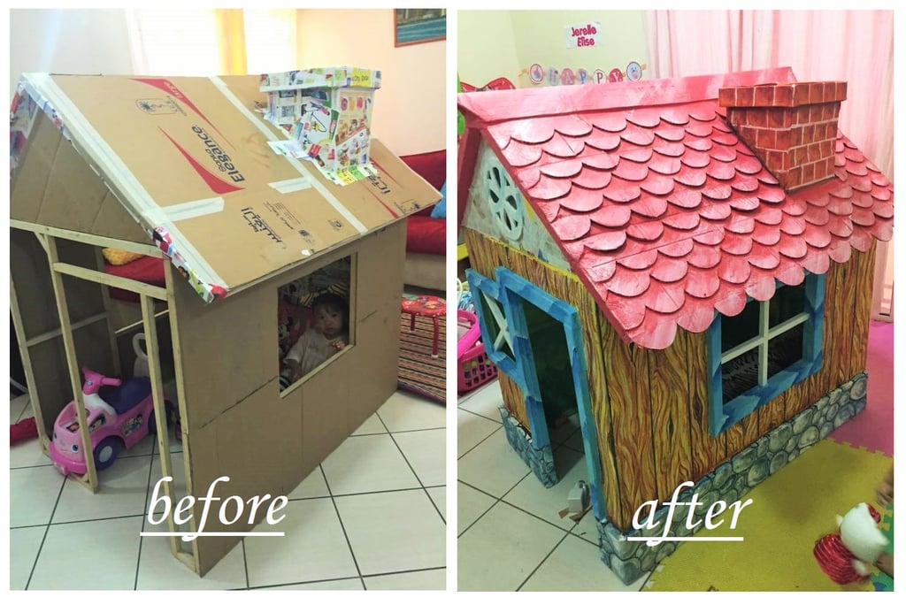 Grandfather Makes Cardboard Playhouse From Cardboard Boxes