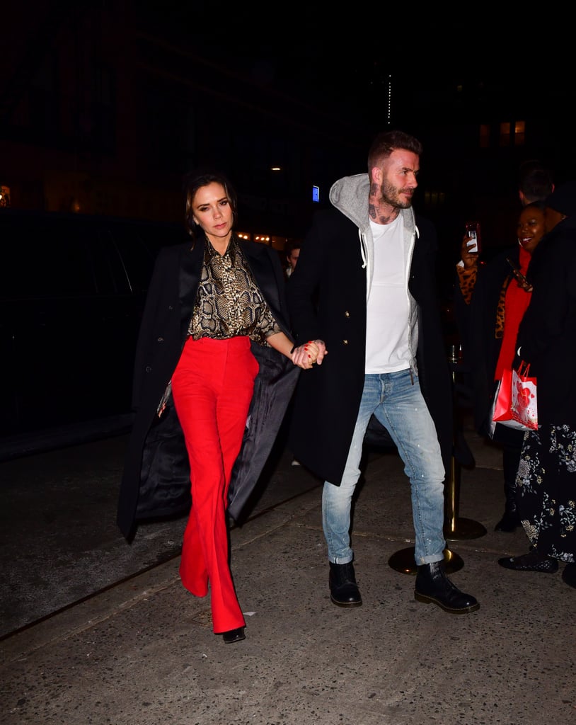 Victoria Beckham Red Pants and Snakeskin Blouse January 2019