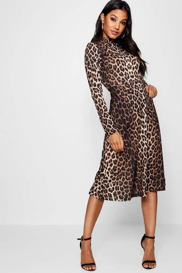 Boohoo Lianna Leopard Print Long Sleeve Midi Dress