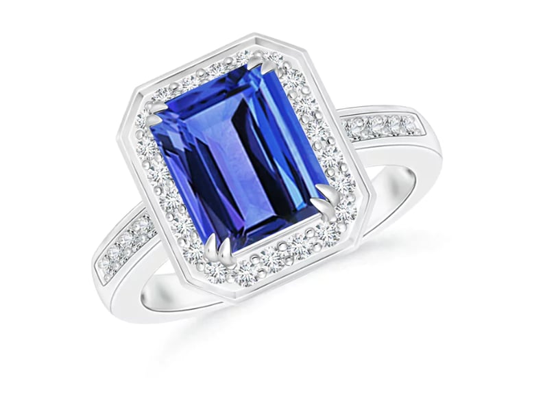 Angara Emerald-Cut Tanzanite Engagement Ring With Diamond Halo