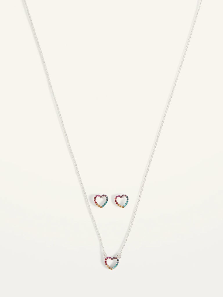 Old Navy Multi-Colour Rhinestone Heart Necklace and Stud Earrings Set